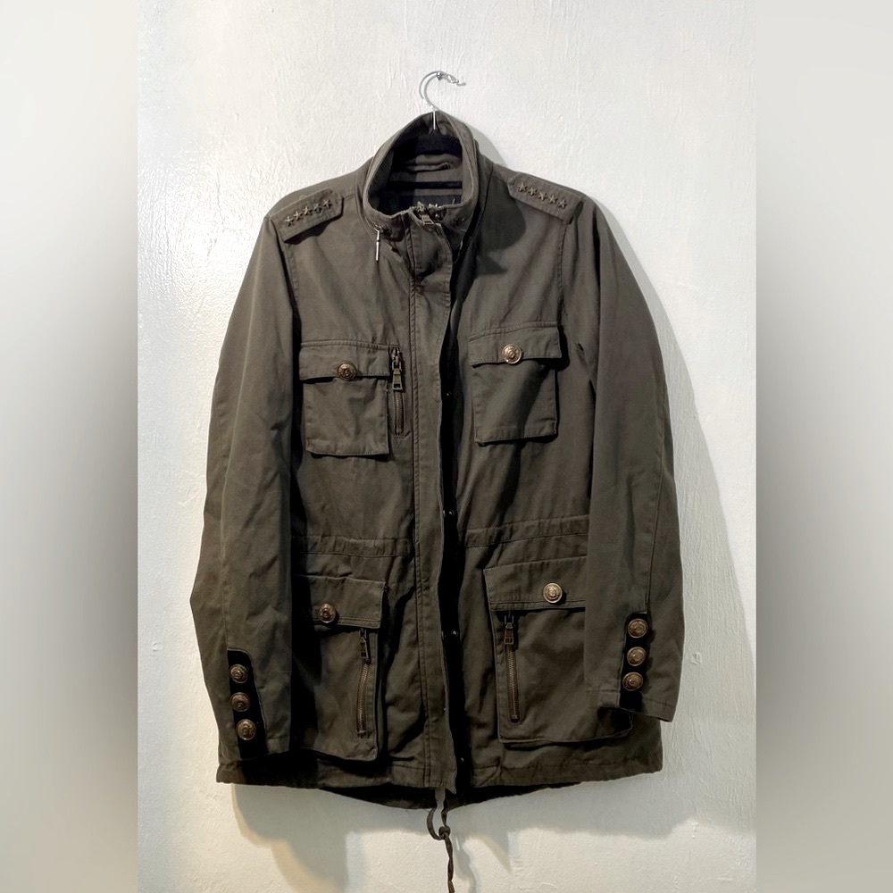 Madden NYC -military style jacket in gray with brass tone hardware 100% cotton L